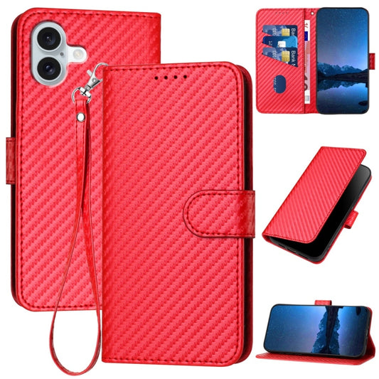 For iPhone 16 Plus YX0070 Carbon Fiber Buckle Leather Phone Case with Lanyard(Red) - iPhone 16 Plus Cases by buy2fix | Online Shopping UK | buy2fix