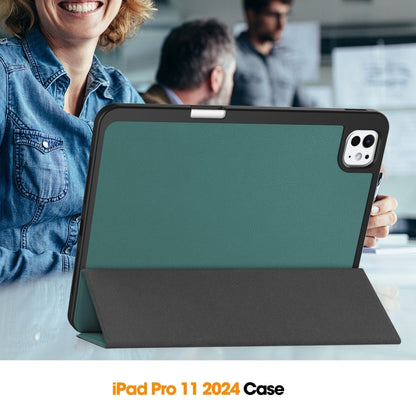 For iPad Pro 11 2024 Custer TPU Pure Color 3-Fold Holder Smart Leather Tablet Case with Pen Tray(Dark Green) - iPad Pro 11 2024 Cases by buy2fix | Online Shopping UK | buy2fix