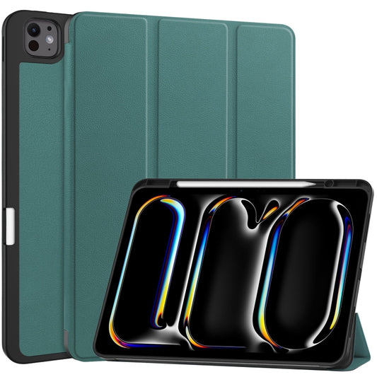 For iPad Pro 13 2024 Custer TPU Pure Color 3-Fold Holder Smart Leather Tablet Case with Pen Tray(Dark Green) - iPad Pro 13 2024 Cases by buy2fix | Online Shopping UK | buy2fix