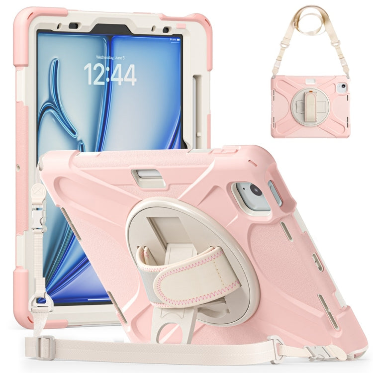 For iPad Air 11 2024 / Air 11 2025 Rotatable Holder Silicone Hybrid PC Tablet Case with Shoulder Strap(Cherry Blossom Pink) - iPad Air 11 2025 / 2024 Cases by buy2fix | Online Shopping UK | buy2fix