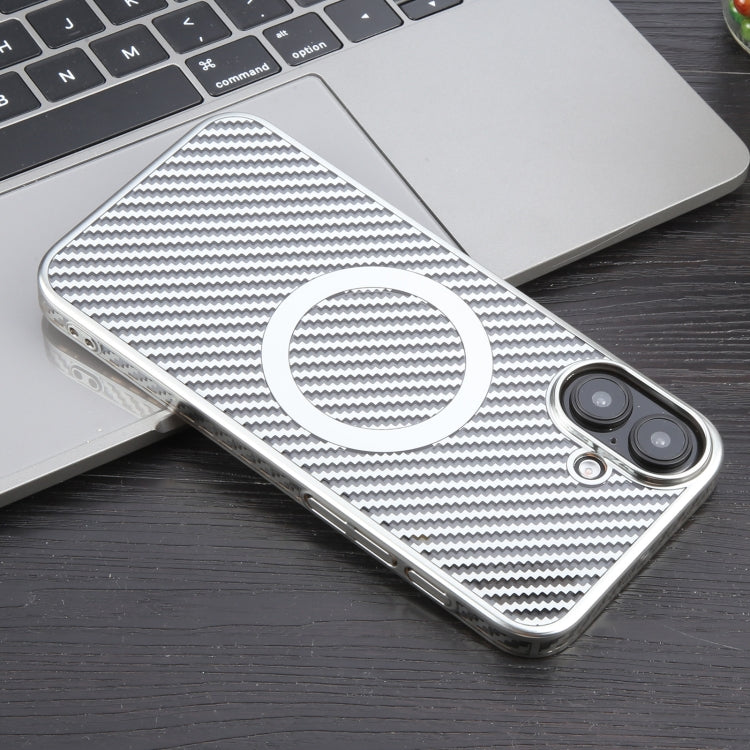 For iPhone 16 6D Plated Carbon Fiber Clear Magsafe PC Phone Case(Starlight Silver) - iPhone 16 Cases by buy2fix | Online Shopping UK | buy2fix