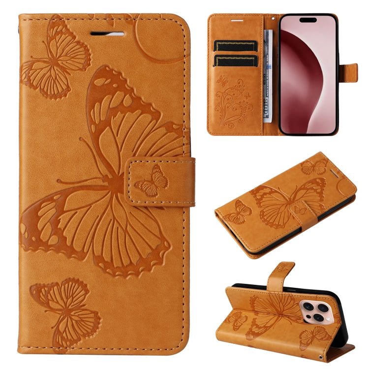 For iPhone 16 Pro 3D Butterfly Embossed Pattern Flip Leather Phone Case(Yellow) - iPhone 16 Pro Cases by buy2fix | Online Shopping UK | buy2fix