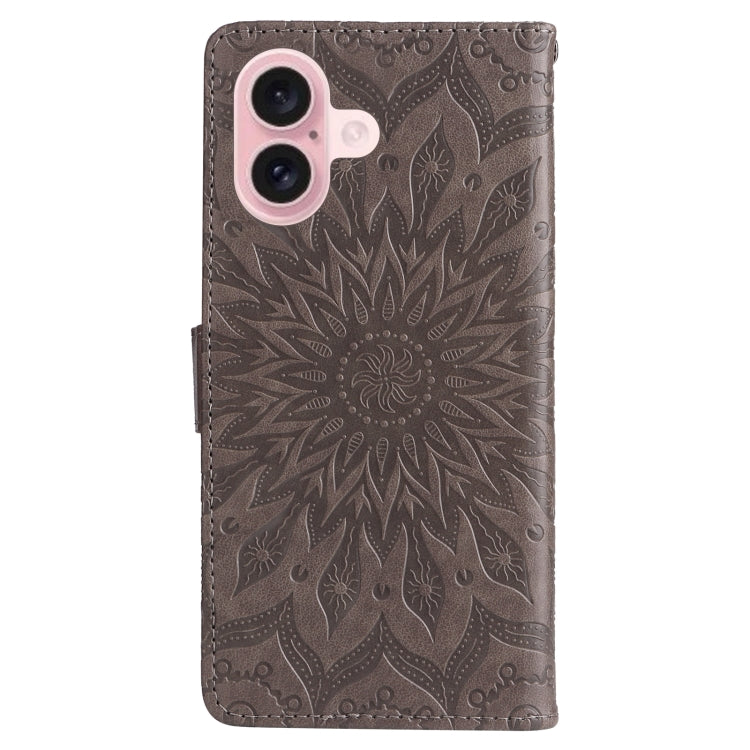 For iPhone 16 Embossed Sunflower Pattern Flip Leather Phone Case(Grey) - iPhone 16 Cases by buy2fix | Online Shopping UK | buy2fix