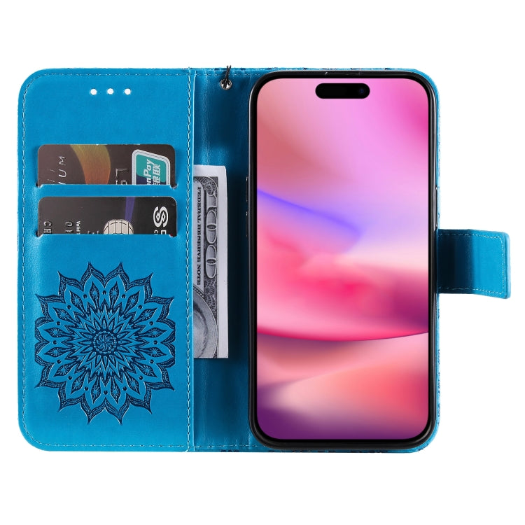 For iPhone 16 Embossed Sunflower Pattern Flip Leather Phone Case(Blue) - iPhone 16 Cases by buy2fix | Online Shopping UK | buy2fix