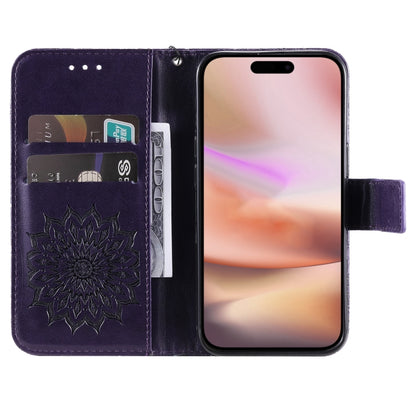 For iPhone 16 Plus Embossed Sunflower Pattern Flip Leather Phone Case(Purple) - iPhone 16 Plus Cases by buy2fix | Online Shopping UK | buy2fix