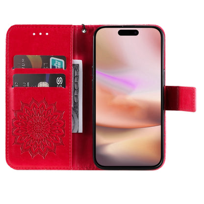 For iPhone 16 Plus Embossed Sunflower Pattern Flip Leather Phone Case(Red) - iPhone 16 Plus Cases by buy2fix | Online Shopping UK | buy2fix