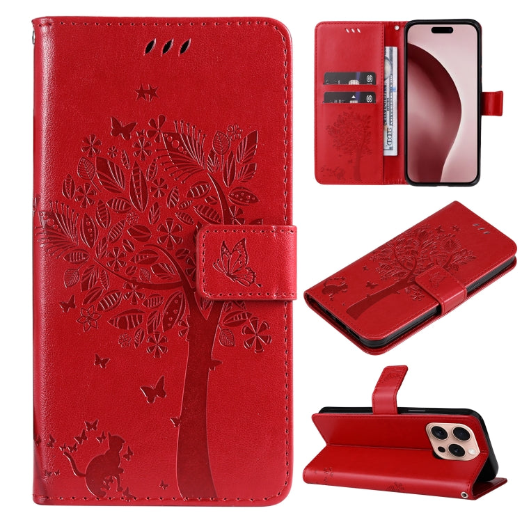 For iPhone 16 Pro Tree & Cat Embossed Pattern Flip Leather Phone Case(Red) - iPhone 16 Pro Cases by buy2fix | Online Shopping UK | buy2fix