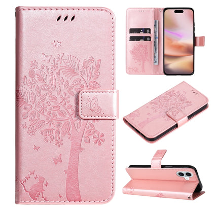 For iPhone 16 Plus Tree & Cat Embossed Pattern Flip Leather Phone Case(Rose Gold) - iPhone 16 Plus Cases by buy2fix | Online Shopping UK | buy2fix