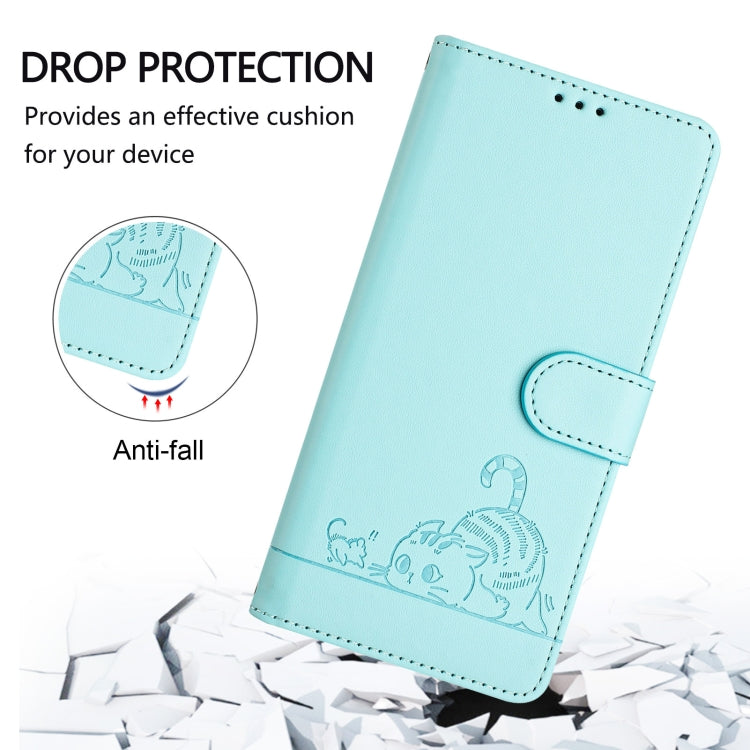 For OPPO A60 4G Global Cat Rat Embossed Pattern RFID Leather Phone Case with Lanyard(Mint Green) - OPPO Cases by buy2fix | Online Shopping UK | buy2fix