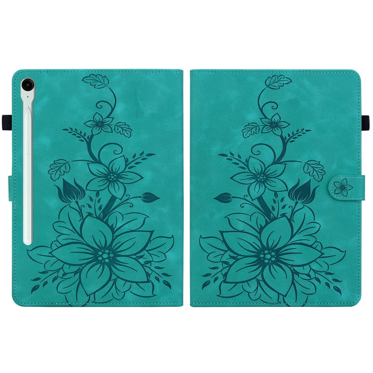 For Samsung Galaxy Tab S9 / S9 FE Lily Embossed Leather Tablet Case(Green) - Galaxy Tab S9 Cases by buy2fix | Online Shopping UK | buy2fix