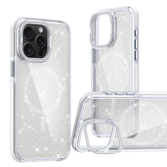 For iPhone 12 Pro Max Two-color Glitter Powder Lens Holder Magsafe Phone Case(White) - iPhone 12 Pro Max Cases by buy2fix | Online Shopping UK | buy2fix