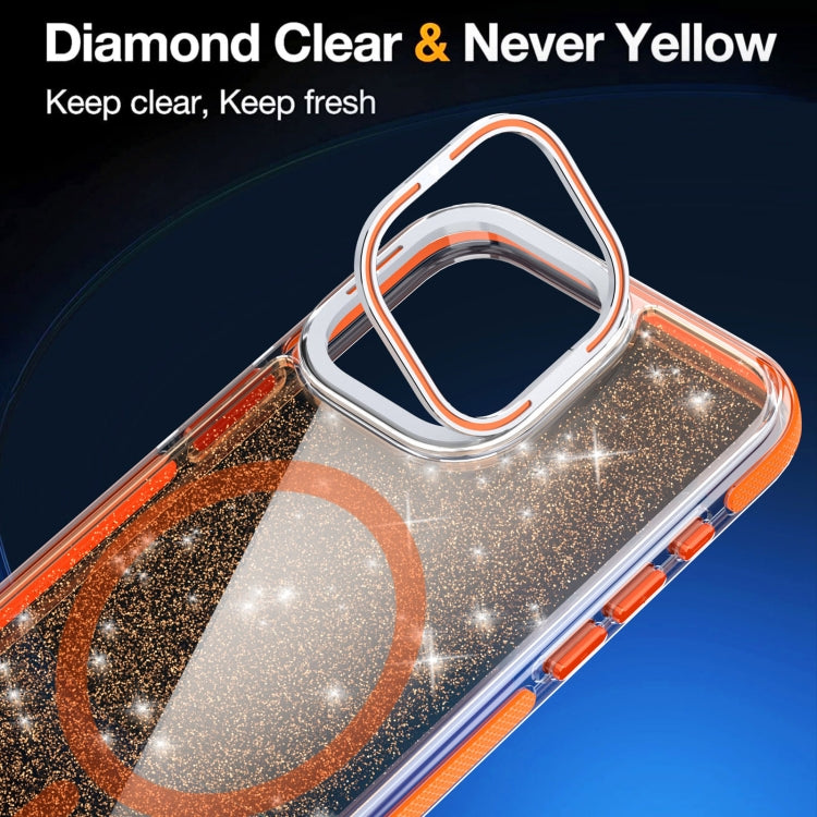 For iPhone 11 Two-color Glitter Powder Lens Holder Magsafe Phone Case(Orange) - iPhone 11 Cases by buy2fix | Online Shopping UK | buy2fix