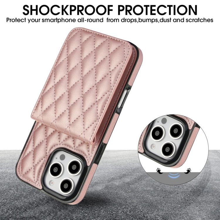 For iPhone 16 Pro Max YM015 Crossbody Rhombic Card Bag RFID Phone Case(Rose Gold) - iPhone 16 Pro Max Cases by buy2fix | Online Shopping UK | buy2fix