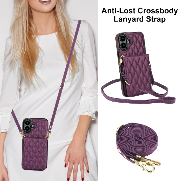 For iPhone 16 Plus YM015 Crossbody Rhombic Card Bag RFID Phone Case(Dark Purple) - iPhone 16 Plus Cases by buy2fix | Online Shopping UK | buy2fix