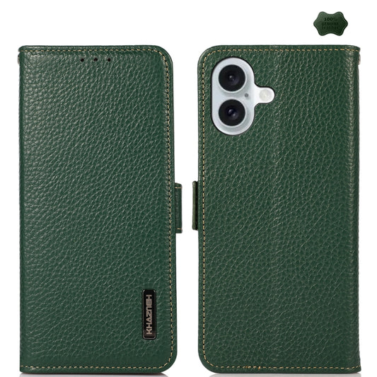 For iPhone 16 Plus KHAZNEH Side-Magnetic Litchi Genuine Leather RFID Case(Green) - iPhone 16 Plus Cases by buy2fix | Online Shopping UK | buy2fix