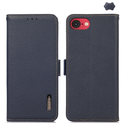 For iPhone 16e KHAZNEH Side-Magnetic Litchi Genuine Leather RFID Case(Blue) - iPhone 16e Cases by buy2fix | Online Shopping UK | buy2fix