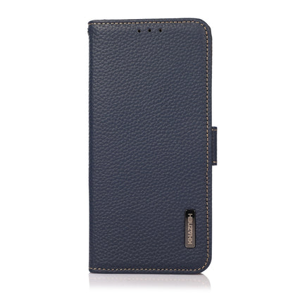 For iPhone 16e KHAZNEH Side-Magnetic Litchi Genuine Leather RFID Case(Blue) - iPhone 16e Cases by buy2fix | Online Shopping UK | buy2fix