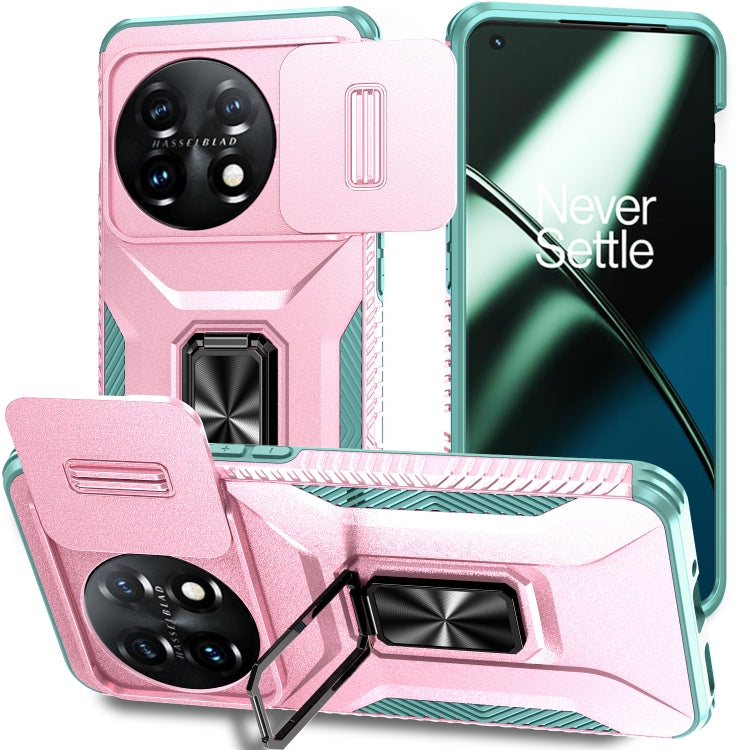 For OnePlus 11 5G Sliding Camshield Holder Phone Case(Pink + Grey Green) - OnePlus Cases by buy2fix | Online Shopping UK | buy2fix