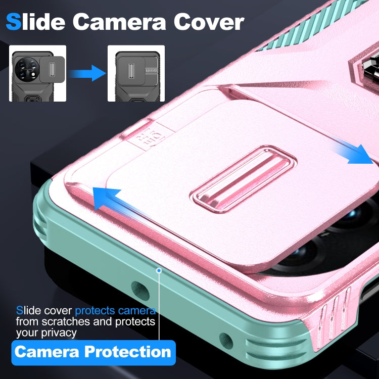 For OnePlus 11 5G Sliding Camshield Holder Phone Case(Pink + Grey Green) - OnePlus Cases by buy2fix | Online Shopping UK | buy2fix