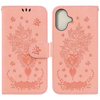 For iPhone 16 Plus Butterfly Rose Embossed Leather Phone Case(Pink) - iPhone 16 Plus Cases by buy2fix | Online Shopping UK | buy2fix