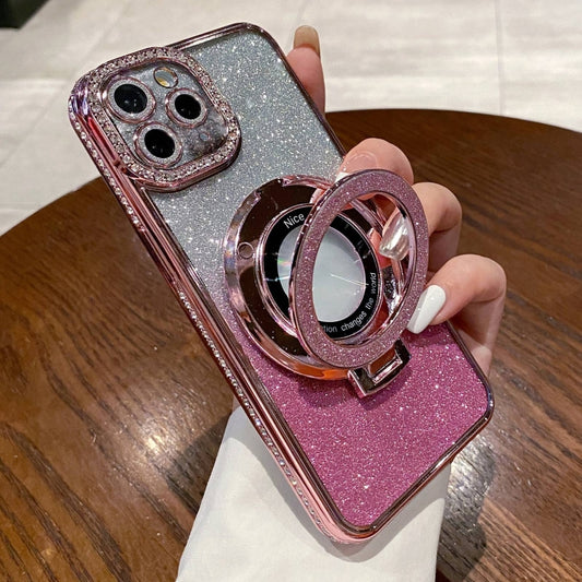 For iPhone 13 Pro Gradient Glitter Diamond Plated Holder Magsafe Phone Case(Pink) - iPhone 13 Pro Cases by buy2fix | Online Shopping UK | buy2fix