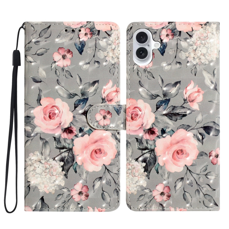 For iPhone 16 3D Pattern Leather Phone Case(Gray Base Flower) - iPhone 16 Cases by buy2fix | Online Shopping UK | buy2fix