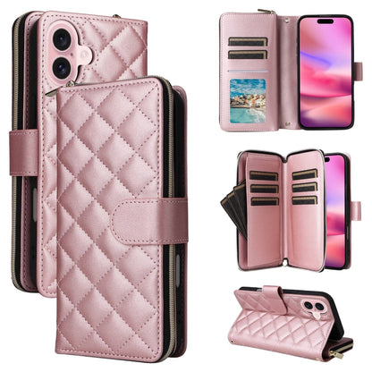 For iPhone 16 Crossbody Rhombic Zipper Tower Buckle Leather Phone Case with Lanyard(Rose Gold) - iPhone 16 Cases by buy2fix | Online Shopping UK | buy2fix