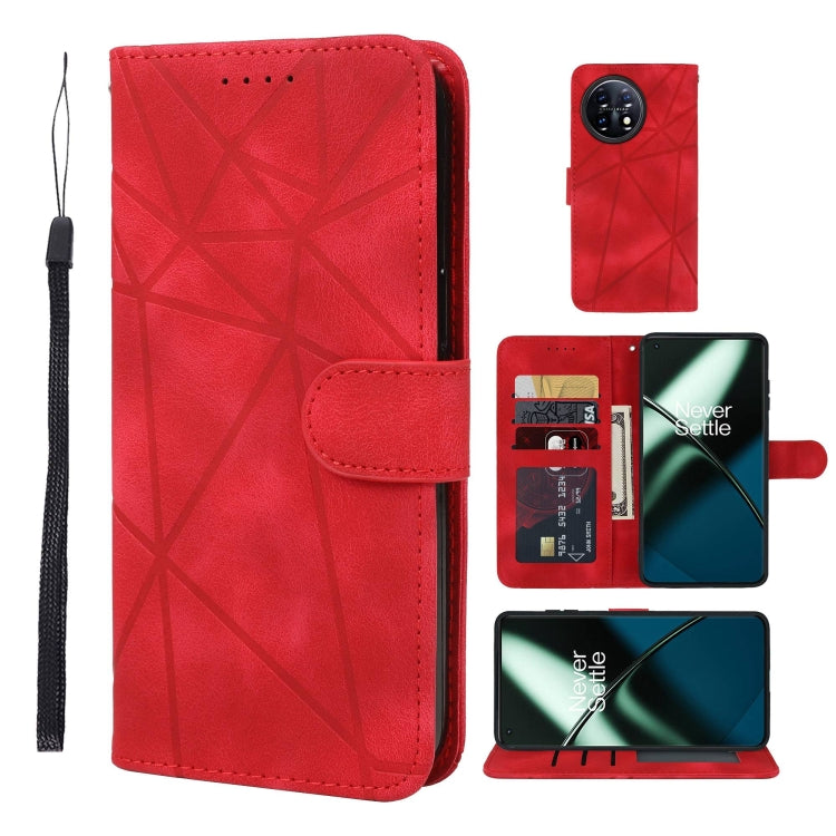 For OnePlus 11 Skin Feel Geometric Lines Leather Phone Case(Red) - OnePlus Cases by buy2fix | Online Shopping UK | buy2fix