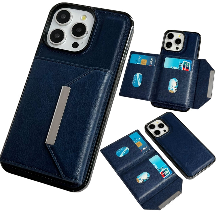 For iPhone 16 Pro Max Solid Color Metal Buckle Card Slots Bag Phone Case(Blue) - iPhone 16 Pro Max Cases by buy2fix | Online Shopping UK | buy2fix