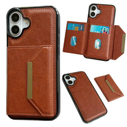 For iPhone 16 Solid Color Metal Buckle Card Slots Bag Phone Case(Brown) - iPhone 16 Cases by buy2fix | Online Shopping UK | buy2fix