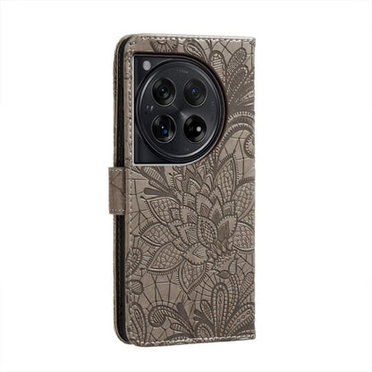 For OnePlus 12 Lace Flower Embossing Flip Leather Phone Case(Grey) - OnePlus Cases by buy2fix | Online Shopping UK | buy2fix