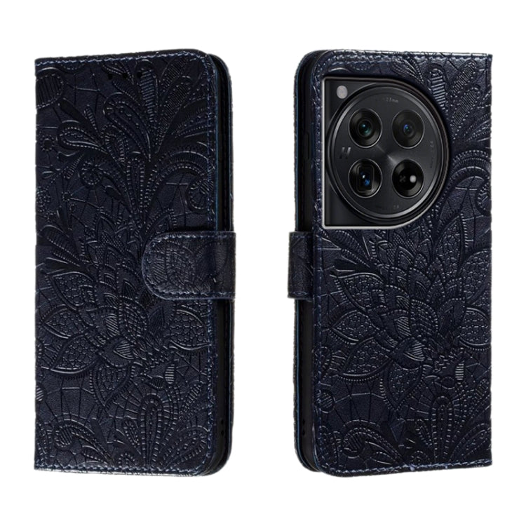 For OnePlus 12 Lace Flower Embossing Flip Leather Phone Case(Dark Blue) - OnePlus Cases by buy2fix | Online Shopping UK | buy2fix