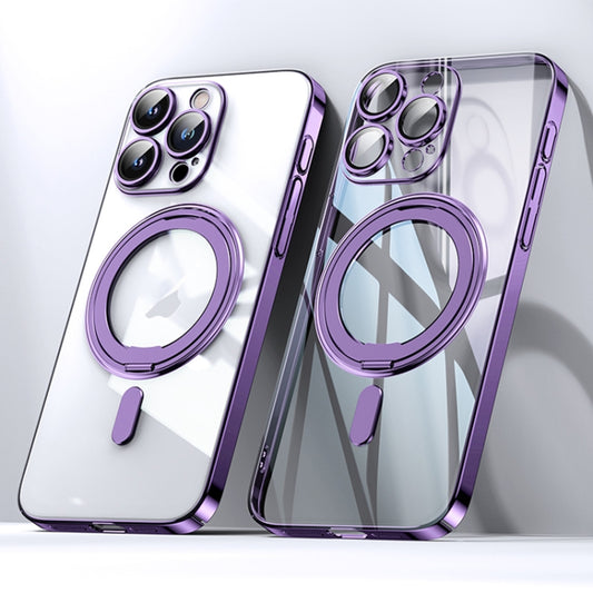 For iPhone 13 Pro Plating PC 360 Ring Holder Magsafe Phone Case(Clear Purple) - iPhone 13 Pro Cases by buy2fix | Online Shopping UK | buy2fix