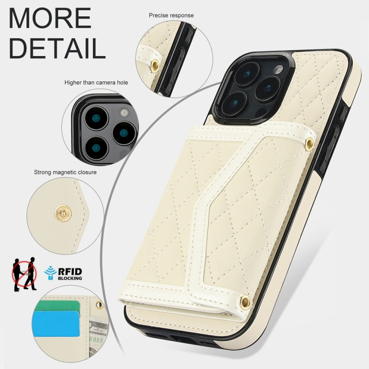 For iPhone 16 Pro Splicing Rhombic Texture Card Bag Phone Case with Long Lanyard(Beige) - iPhone 16 Pro Cases by buy2fix | Online Shopping UK | buy2fix