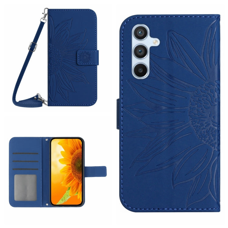 For Samsung Galaxy S25 5G Skin Feel Sun Flower Embossed Flip Leather Phone Case with Lanyard(Dark Blue) - Galaxy S25 5G Cases by buy2fix | Online Shopping UK | buy2fix