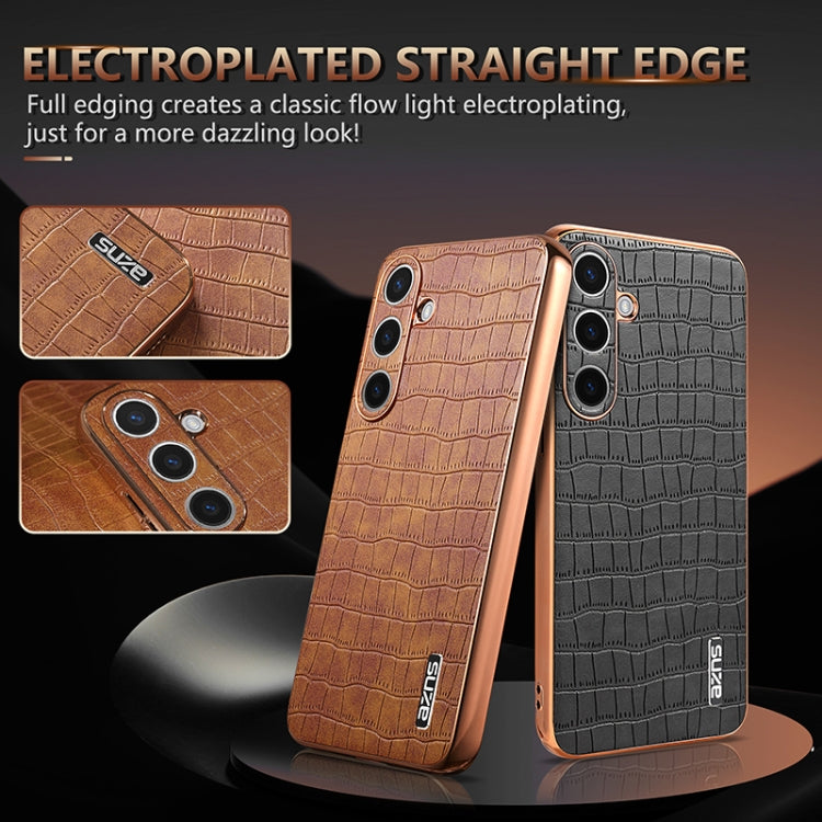 For Samsung Galaxy S25 5G AZNS Electroplated Frame Crocodile Texture Full Coverage Phone Case(Brown) - Galaxy S25 5G Cases by AZNS | Online Shopping UK | buy2fix