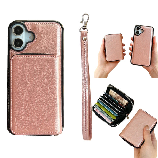 For iPhone 16 Solid Color Zipper 11-Card Slots Bag Phone Case with Lanyard(Rose Gold) - iPhone 16 Cases by buy2fix | Online Shopping UK | buy2fix