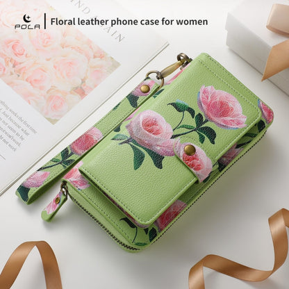 For iPhone 15 Pro POLA MagSafe Flower Multi-functional Zipper Wallet Leather Phone Case(Green) - iPhone 15 Pro Cases by buy2fix | Online Shopping UK | buy2fix