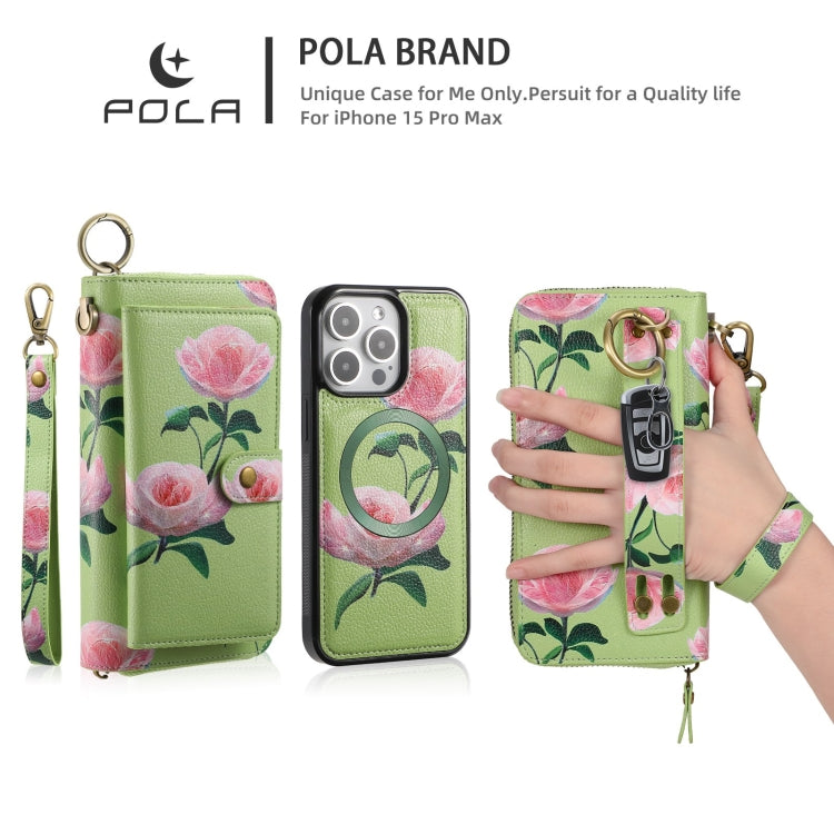 For iPhone 15 Plus POLA MagSafe Flower Multi-functional Zipper Wallet Leather Phone Case(Green) - iPhone 15 Plus Cases by buy2fix | Online Shopping UK | buy2fix