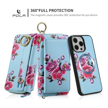 For iPhone 15 POLA MagSafe Flower Multi-functional Zipper Wallet Leather Phone Case(Sky Blue) - iPhone 15 Cases by buy2fix | Online Shopping UK | buy2fix