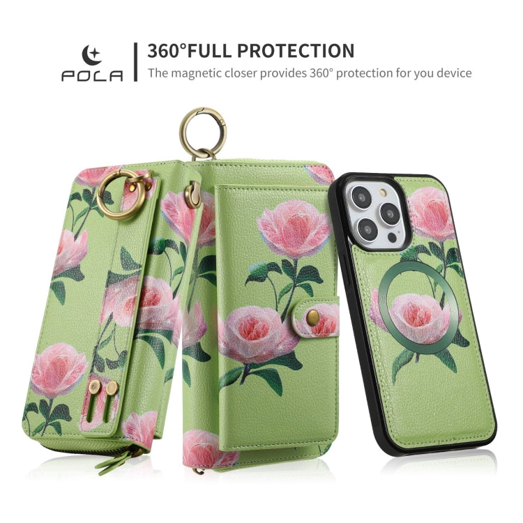 For iPhone 14 Plus POLA MagSafe Flower Multi-functional Zipper Wallet Leather Phone Case(Green) - iPhone 14 Plus Cases by buy2fix | Online Shopping UK | buy2fix