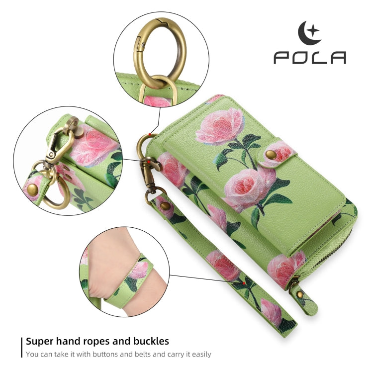 For iPhone 14 Plus POLA MagSafe Flower Multi-functional Zipper Wallet Leather Phone Case(Green) - iPhone 14 Plus Cases by buy2fix | Online Shopping UK | buy2fix