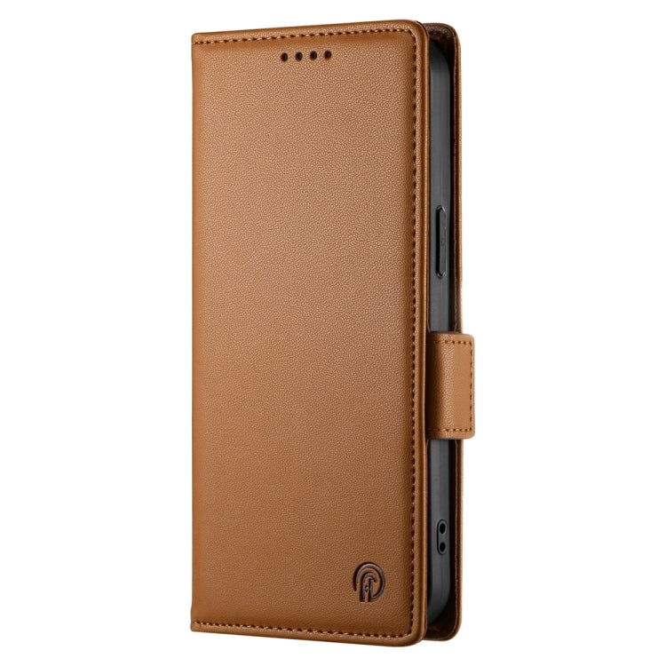 For iPhone 16 Plus Side Buckle Magnetic Frosted Leather Phone Case(Brown) - iPhone 16 Plus Cases by buy2fix | Online Shopping UK | buy2fix