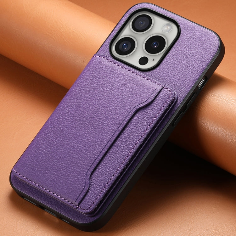 For iPhone 16 Pro Calf Texture Card Bag Design Full Coverage Phone Case(Purple) - iPhone 16 Pro Cases by buy2fix | Online Shopping UK | buy2fix