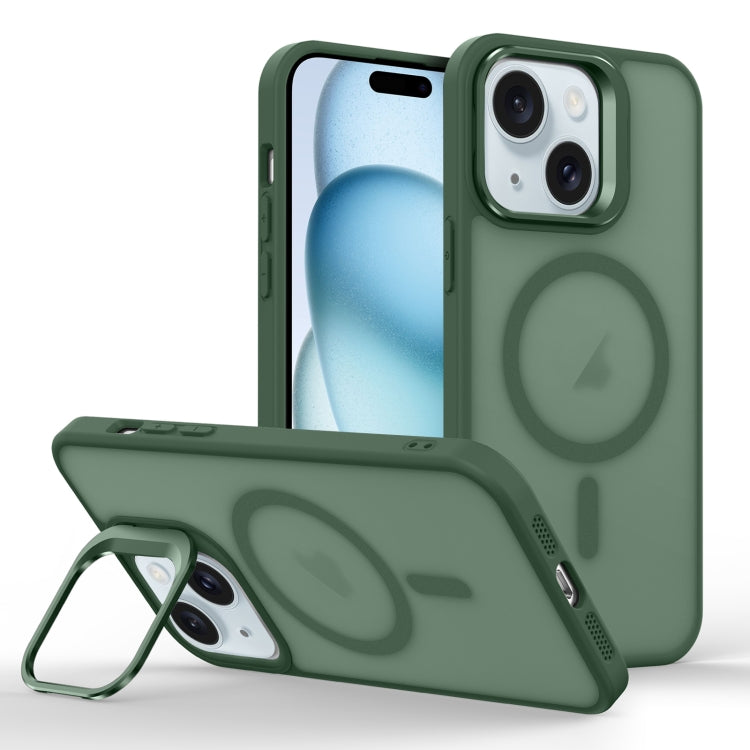 For iPhone 15 Magsafe Skin Feel Lens Holder Phone Case(Deep Green) - iPhone 15 Cases by buy2fix | Online Shopping UK | buy2fix