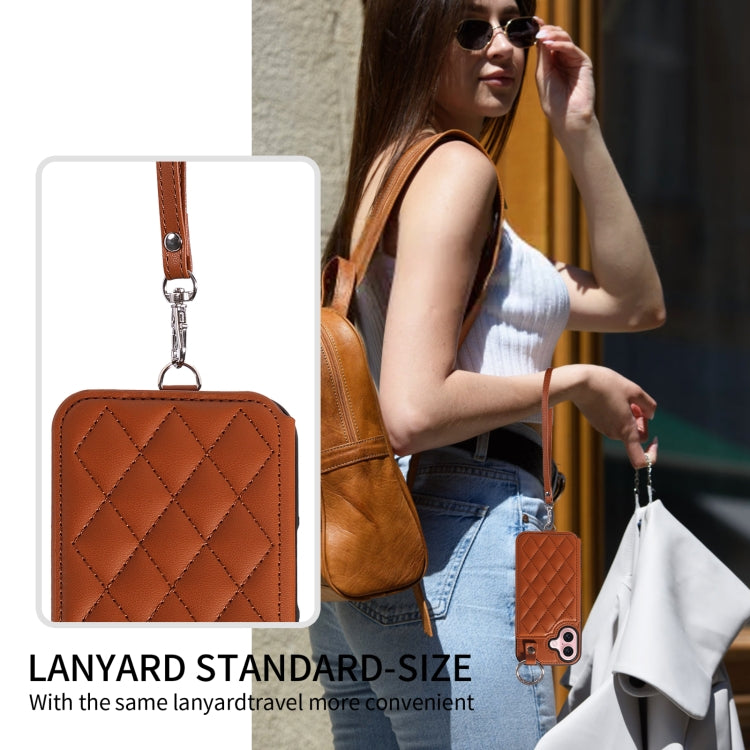 For iPhone 16 Rhombic Texture Card Bag Phone Case with Short Lanyard(Brown) - iPhone 16 Cases by buy2fix | Online Shopping UK | buy2fix