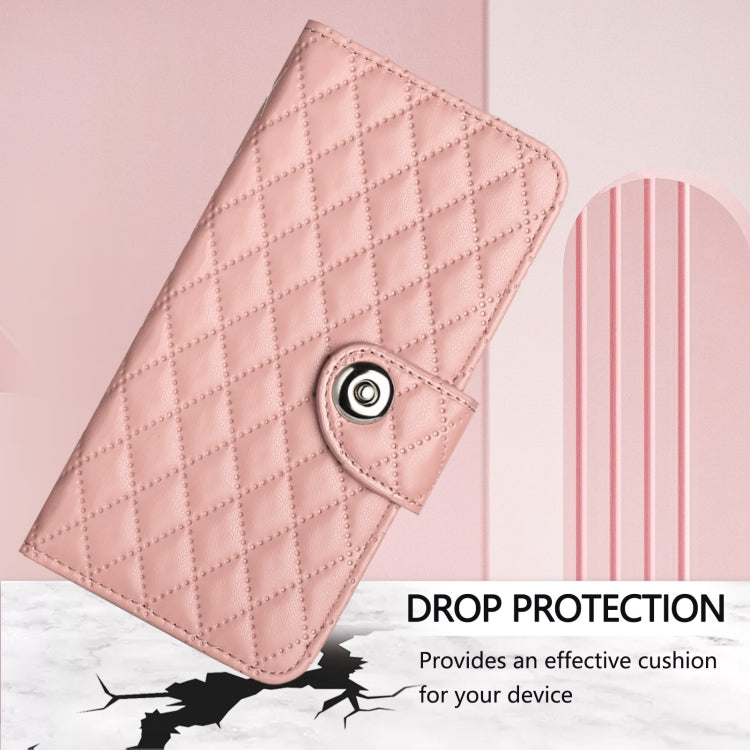 For Redmi K70 Ultra 5G Global Rhombic Texture Flip Leather Phone Case with Lanyard(Coral Pink) - Xiaomi Cases by buy2fix | Online Shopping UK | buy2fix