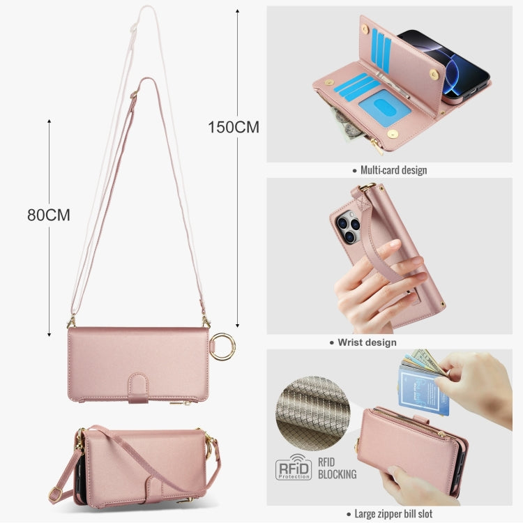 For iPhone 16 Pro Max Crossbody Ring Multifunctional Wallet Leather Phone Case(Rose Gold) - iPhone 16 Pro Max Cases by buy2fix | Online Shopping UK | buy2fix