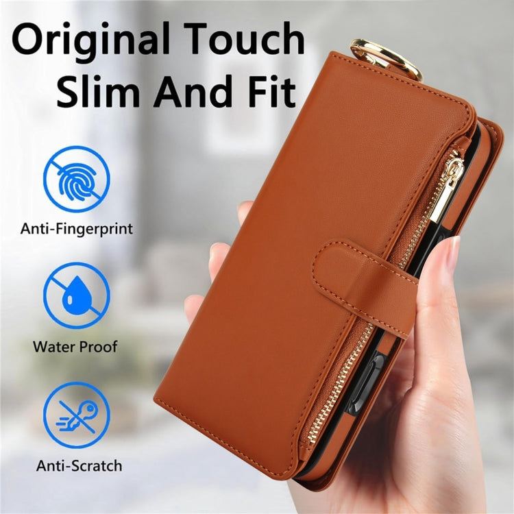 For iPhone 16 Pro Max Crossbody Ring Multifunctional Wallet Leather Phone Case(Brown) - iPhone 16 Pro Max Cases by buy2fix | Online Shopping UK | buy2fix