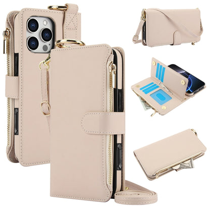 For iPhone 16 Pro Crossbody Ring Multifunctional Wallet Leather Phone Case(White) - More iPhone Cases by buy2fix | Online Shopping UK | buy2fix